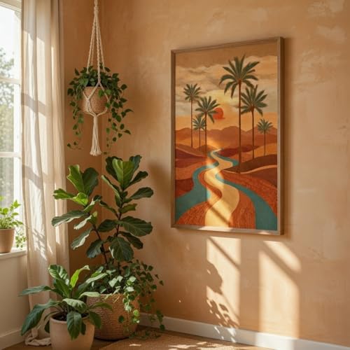 Image of SAF Desert Sunset Palm Tree Wall Art with Wooden Frame | Aesthetic Landscape Painting with River & Sunset | HD UV Laminated Print on MDF for Living Room Bedroom Office Decor 13.5 x 19.5 Inch