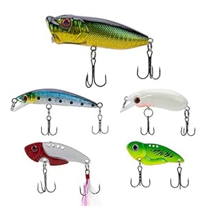 Bunte Angelköder Köder Set Fluoreszierender Köder Angeln Set VIB für Süßwasser Salzwasser Fischen Zanderköder Barschköder Hechtköder Forellenköder Drillingshaken Gummifische Wobbler 5 Stück