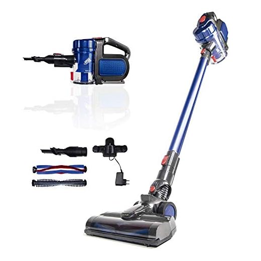 SAMBA Aspirador Vertical y de Mano Sin Cable Aspira Pro. Aspirador Escoba con Cepillo Motorizado Flexible 180º, Luz LED, 2 Niveles Potencia, Boquilla Combinada, Soporte de Pared, 150W, Plástico, Azul