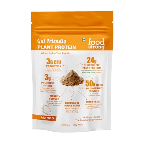 Image of Foodstrong Gut Friendly Plant Protein - Mango | 24g Complete Plant Protein with Probiotics, Digestive Enzymes, Prebiotics & Indian Herbs | Vegan | No Sugar | 500g