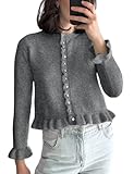 Wyeysyt Womens Cropped Cardigan Sweaters Ruffle Hem Crewneck Button Down Knit Fall Sweater Long Sleeve Soft Cardigan Tops(Grey-M)