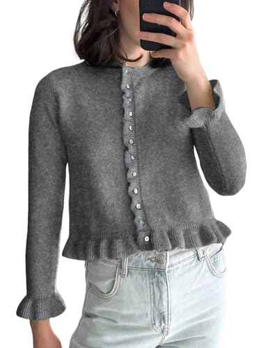 Wyeysyt Womens Cropped Cardigan Sweaters Ruffle Hem Crewneck Button Down Knit Fall Sweater Long Sleeve Soft Cardigan Tops(Grey-M)