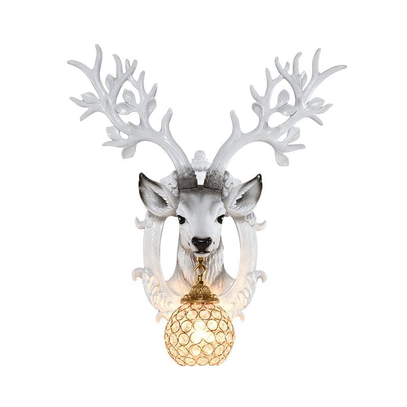 Image of Deer Head Wall Sconce with Crystal Ball Shade, White Resin Antler Wall Light, Rustic Lodge Decor Lamp for Living Room, Bedroom, Hallway, Entryway, Nordic Style Wall Mounted Fixture, 56x51cm