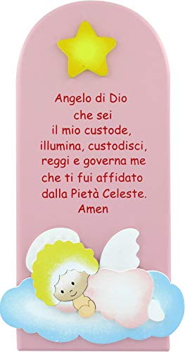 Ferrari & Arrighetti Pala Bassorilievo con Preghiera Angelo di Dio, Quadretto per Bimbe a Forma di Pala in Legno Colorato Rosa, Idea Regalo per Bambine e Ragazze del Catechismo, 28 x 12 Cm