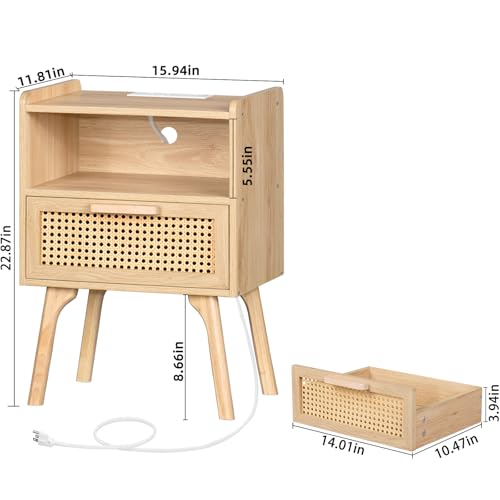 Lerliuo Rattan Nightstand with Charging Station, Boho Side Table with Drawer Open Shelf, Cane Accent Bedside End Table with Solid Wood Legs for Bedroom, Dorm and Small Spaces - Thumbnail 3