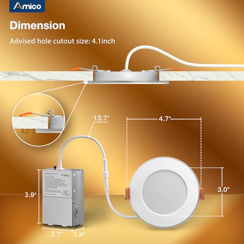 image for Amico 20 Pack 4 Inch 5CCT LED Recessed Ceiling Light with Night Light,