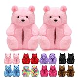 DOVORSY Women's Christmas Teddy Bear Slippers,Winter Fuzzy Cute Indoor House Slippers with Cushion,Pink Fluffy Cartoon Bedroom Shoes,Cozy Warm Gifts for Women,Men,Ladies,Girls (Size 7-11)