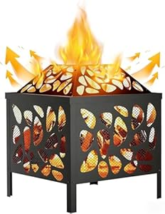 Feuerstelle aus Holz für den Außenbereich, 40cm, Stahl Feuerstelle mit Mesh Funkenschutz für Camping, Terrasse, Hinterhof, Garten, Picknick, Lagerfeuer, Schwarz