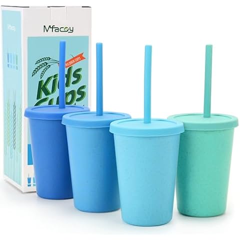 Mfacoy 4 Pack Wheat Straw Cups with Lid and Straws, 10 oz Unbreakable Kids Cups, Reusable Drinking Cups, Small Water Cups, Colourful Tumbler Cups for Kitchen, BPA Free, Dishwasher & Microwave Safe Cover