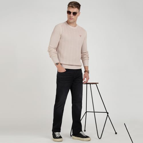 Image of GUESS Beige Cotton Blend Textured Pullover Sweater