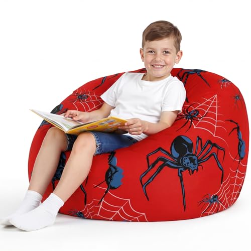 Boao 27 Large Spider Kids Bean Bag Chairs Cover (No Filling) Washable Stuffed Animal Storage Beanbag Chair for Kids Canvas Bean Bag Cover with Zipper for Boys Organizing Plush Toys Textile Sack