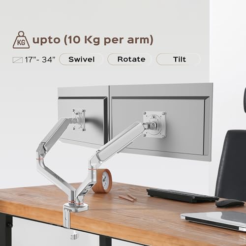 Image of iVOOMi Power X2 White Dual Monitor Stand for Desk with 100 x 100mm VESA Mount, Adjustable Gas Spring Monitor arm with Grommet Mounting Base for 15-34'' 2-20 kgs Screens, 1 Year Warranty