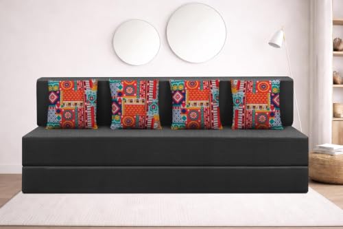Image of Rosebell Four Seater Foldable Sofa Cum Bed (6x6 Feet) Jute Fabric, Washable Removable Cover, Includes 4 Cushion | Space Saving Sofa Bed for Home, Office & Guests - Black