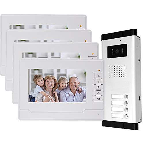 uoweky Bekabeld 7 TFT-LCD Video Deurbel Intercom Deurtelefoonsysteem 4 Monitors Voor Binnen +700TVL IR Buitencamera Nachtzicht Hoge Resolutie Voor Meerdere Appartementen/Gezinnen
