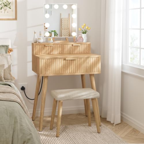 BOLUO Small Vanity Desk with Hollywood Mirror and Lights, Girls Vanity with Stool, Fluted Vanity Set, Compact Make Up Table with Drawers and Outlet Bedroom