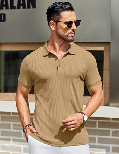 Polo texturé COOFANDY à boutons : le style décontracté chic en kaki ajusté - 2