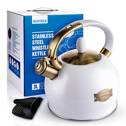 Susteas Stove Top Whistling Tea Kettle-Surgical Stainless Steel Teakettle Teapot With Cool Touch Ergonomic Handle,1 Free Silicone Pinch Mitt Included,2.64 Quart(White) #TOP5