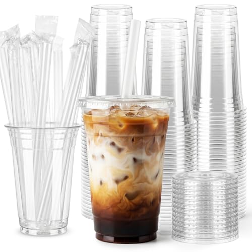 SAEUYVB 100 Pack - 20 oz Clear Plastic Cups with Lids and Straws Disposable Iced Coffee Cups with Lids for Smoothie Milkshake Cold Drinks Sturdy&Food Safe Disposable Clear Plastic Cups