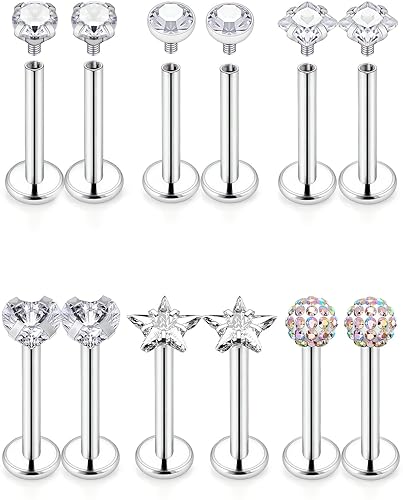 OSTTRPO 16G Piercing Jewelry 12 Pcs Set - Surgical Steel Internal Thread CZ Stud for Tragus/Nose/Helix/Conch/Medusa/Lip/Labret - Helix Tragus Cartilage Snake Bite Earring for Women Men (Silvery 10mm)