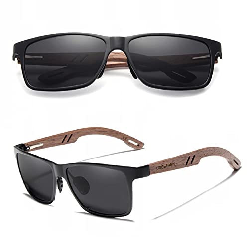 KINGSEVEN Gafas de sol para hombre y mujer, de madera, unisex, de bambú, UV400, color negro, naranja Cover