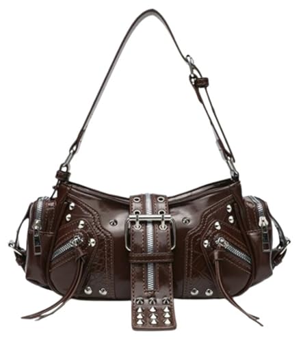 Women's Y2K Shoulder Crossbody Bag Goth Studded Purse Leather Hobo Satchel Purse with Buckle Rivet Punk Tote Handbag