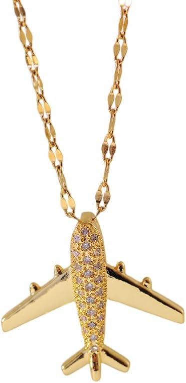 Shiny Airplane Cubic Zirconia Pendant Necklace for Women Dainty Simple Gold Plated Crystal Aircraft Flight Charm Adjustable Chain Clavicle Choker Fashion Jewelry Gifts