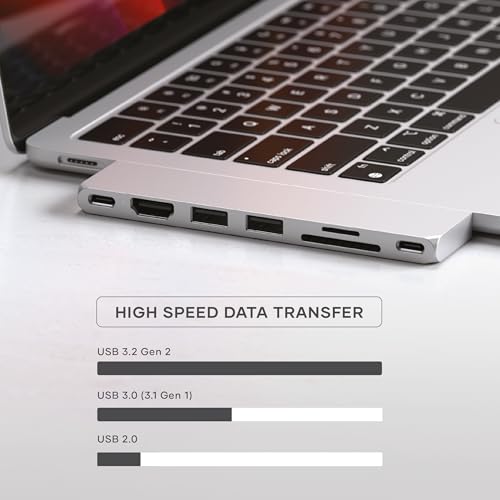 Image of Satechi USB C Hub Multiport Adapter Pro Slim, 7 in 1 Dongle for MacBook Pro /Air M2 with USB 4 Port, 4K HDMI Resolution, USB3.2 Gen 2, SD /TF Card Reader, and 100W USB C PD (Silver).