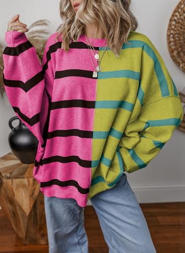Image of EVALESS Womens Striped Sweaters Long Sleeve Cable Knitted Color Block Casual Loose Lightweight Oversized Sweaters Pullover