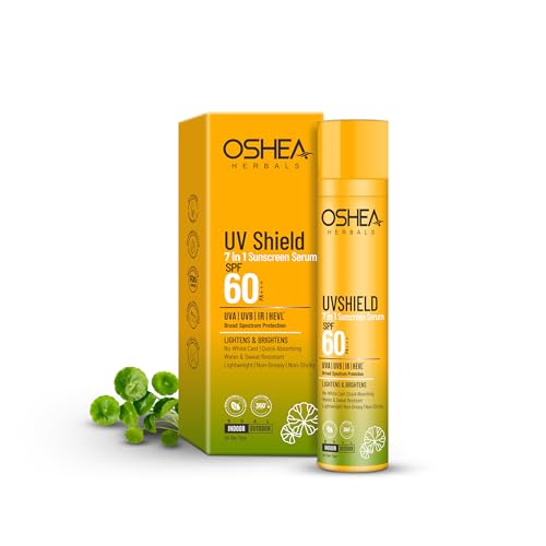 Image of Oshea Herbals UV Shield 7-in-1 Sunscreen Serum SPF 60 PA+++ | Broad Spectrum Sunscreen for Men & Women | Lightweight Face Serum with Skin Brightening & Hydration | 50ml