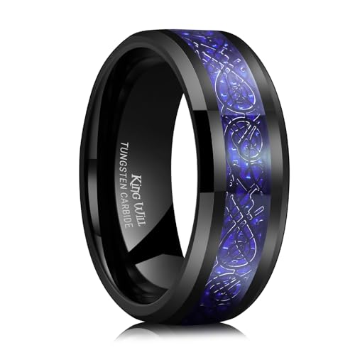King Will DRAGON Men Tungsten Carbide Ring 8mm Silver/Blue/Black Celtic Dragon Wedding Band Polish Finish (Black, 9)