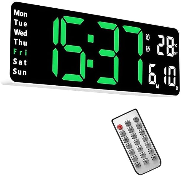 Digital Wall Clock Large Display LED with Temperature, Auto Dimming Brightness, Time Date & Day of Week, Remote Controlled Clock Ideal for Home and Office.. (Green)