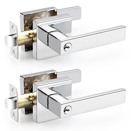 Ehomeware 2 Pack Bedroom Door Knobs With Lock And Key, Keyed Alike Chrome Door Handles For Interior/Exterior Doors, Modern Entry Door Lever Handle Lock In Polished Chrome Finish #TOP17