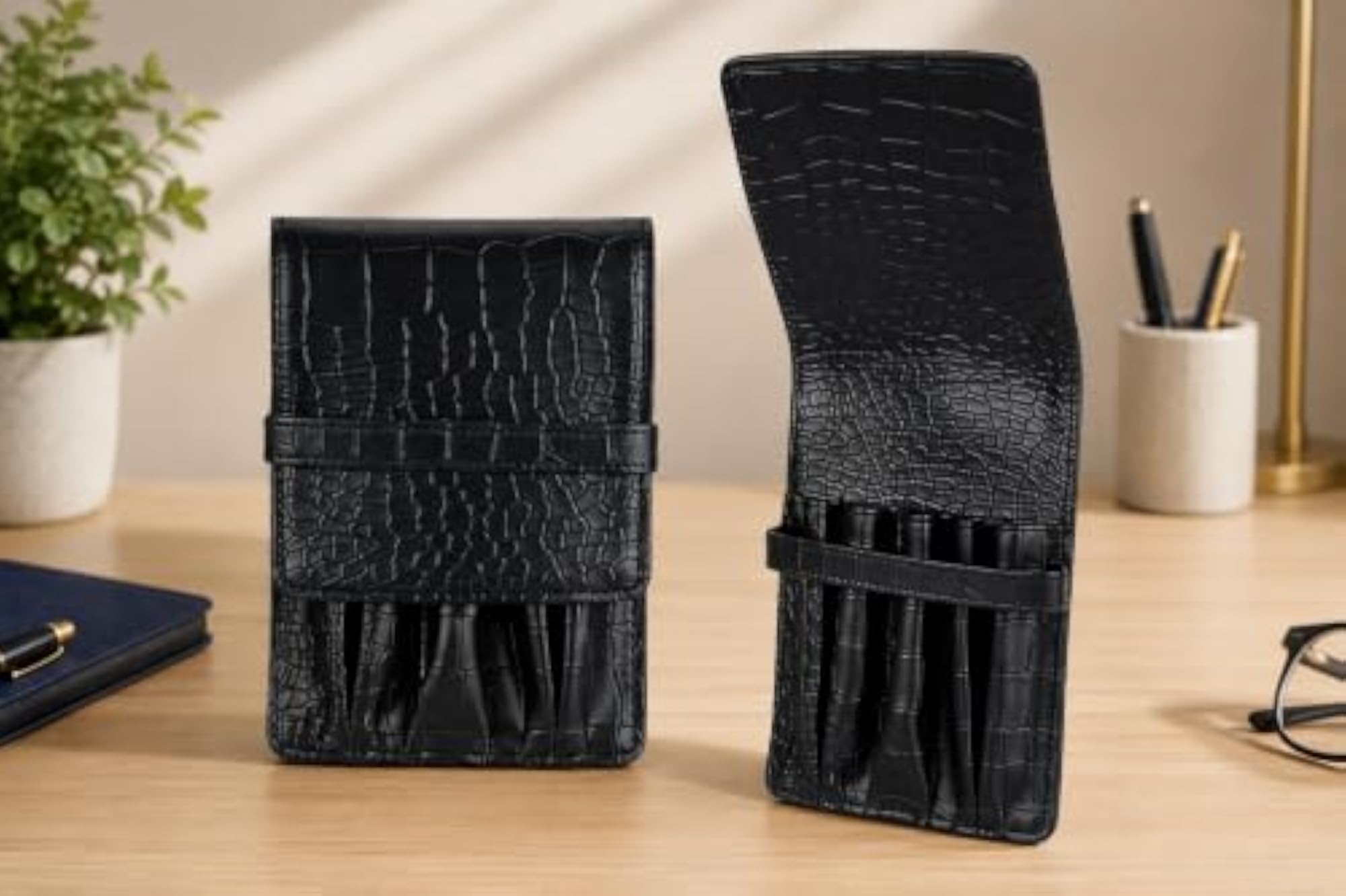 Faux Leather 5-Slot Pen Case with Secure Loop
