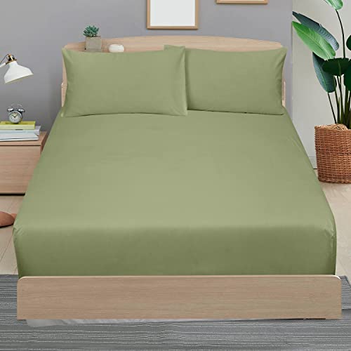 Royale Linen 300 Thread Count 100% Long Staple Combed Cotton Sheet Set - 4 Piece Bed Sheet 1 Fitted Sheet, 1 Flat Sheet, 2 Pillow Case - Breathable, Cool & Crisp Percale Sheet Set (Queen, Light Green) #TOP7