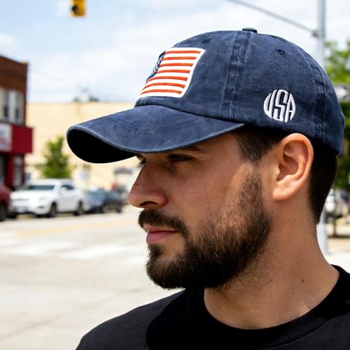 Image of IZUS Women USA-Flag Baseball-Cap American Patriotic Baseball Hats Men's Distressed-Cotton Dad-Hat for Adult Teens