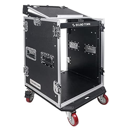 Sound Town Heavy-Duty 1/2' (12mm) 14U PA DJ Rack/Road Case with 11U Slant Mixer Top...