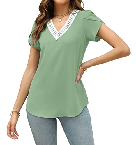 Niashot Women Summer Blouse V Neck Petal Sleeve Lace Tops Casual Loose Fit T-Shirt Light Green X-Large #TOP1