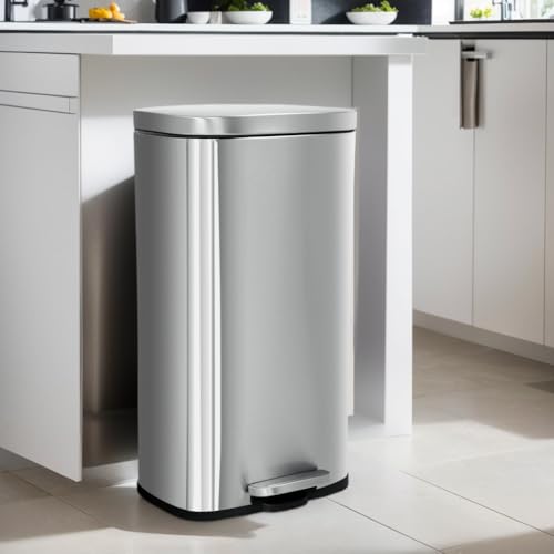 Image of 8 Gallon Kitchen Trash Can with Lid, Fingerprint-Proof Stainless Steel Trash Can Step-On Pedal Garbage Can with Removable Wastebasket for Office, Home and Kitchen, Soft Close, Recycle, 30 Liter
