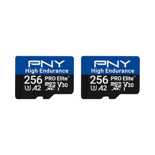 PNY Carte mémoire microSDXC 2x256Go Pro Elite™ High Endurance C10 U3 V30 A2 – Jusqu'à 100/90 Mo/s en Lecture/écriture, 4K UHD, Full HD, UHS-I, Surveillance, Enregistrement continu, caméra embarquée