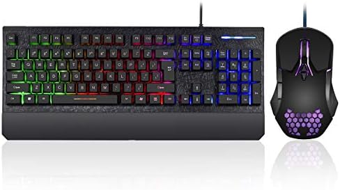 Gaming Keyboard and Mouse Combo Colorful Lights Rainbow LED Backlit Keyboard with Ergonomic Detachable Wrist Rest, Programmable 3200 DPI 7 Button Gaming Mouse for Windows PC Mac Gamer,Office/Gaming