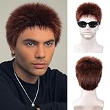 Men's Short Spiky Layered Synthetic Wig, Natural Looking Matte Buzz Cut Wig for Men, Adjustable Cap Daily Wear Cosplay Costume Wigs (Reddish-brown)