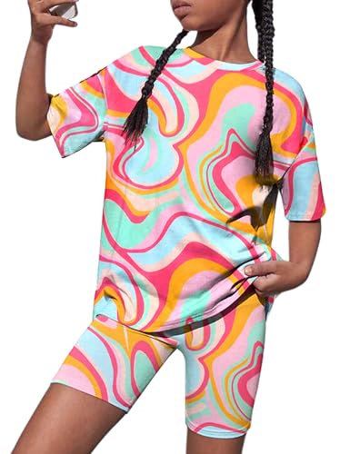 Image of Teen Girls Clothes 2 Piece Colored Tie Dyer Girls Summer Outfits Short Sleeve Fashion Printed T-Shirt and Pants