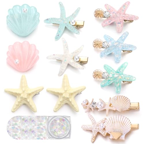 12 Pcs Artificial Pearl Starfish Seashell Hair Clip with Face Glitter Princess Alligator Hair Clips Mermaid Hair Accessories for Women Headwear Beach Hair Accessories