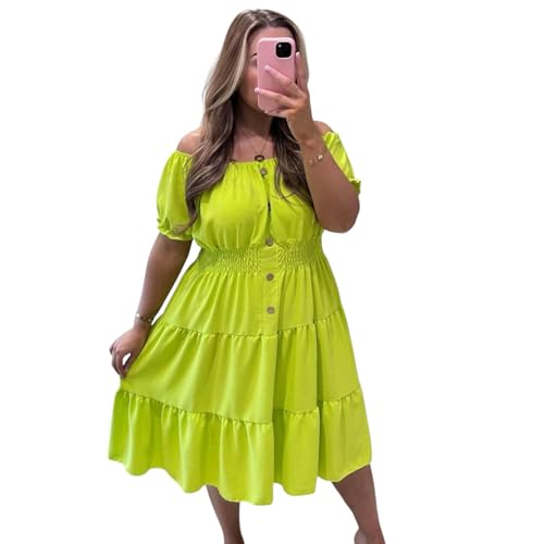Women’s Magic Button Midi Dress Plain Casual Short Sleeve Elasticated Off Shoulder Sundress Swing Basic Italian Solid Color Summer Dress for Women Plus Size (Lime Green, UK 12-24)