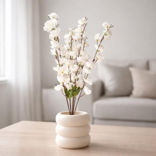 Image of Artificial White Flower Stems in Modern Ceramic-Style Pot Faux Blossom Arrangement for Home Decor, Living Room, Bedroom, Office Desk, Table Centerpiece & Interior Decoration
