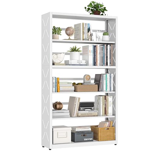 5 Tier White Bookshelf, 55" H Tall Bookshelf with 5 Storage Shelves, Heavy Duty Deep Shelves, Open Shelf Bookcase with 5 Bookends, Modern Display Shel