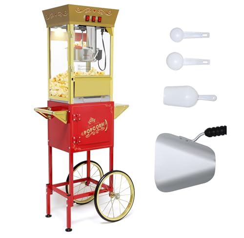 2025 Upgraded 12 oz Popcorn Machine Cart, Popcorn Maker Machine with Stainless-Steel Kettle Makes Up to 48 Cups, Movie Theater Pop Corn Machine with 3-Switch Control & Tempered Glass Doors, Red