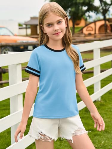Image of Haloumoning Girls Short Sleeve T Shirts Kids Summer Crewneck Color Block Tops Fashion Tees 5-14 Years