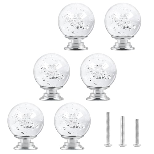 ShipeeKin 6pcs Verre Cristal Clair Bulle Garde-robe Poignée De Porte Bouton De Tiroir En Forme De Boule Avec Base Argentée pour Armoire Commode dans La Salle...