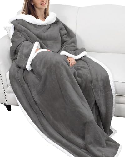 Rumicet Couverture Polaire avec Manches et Poches, Plaid Flanelle, Doux et Chaud, 180 x 140cm, Noël Idée Cadeau pour Homme et Femme, Gris